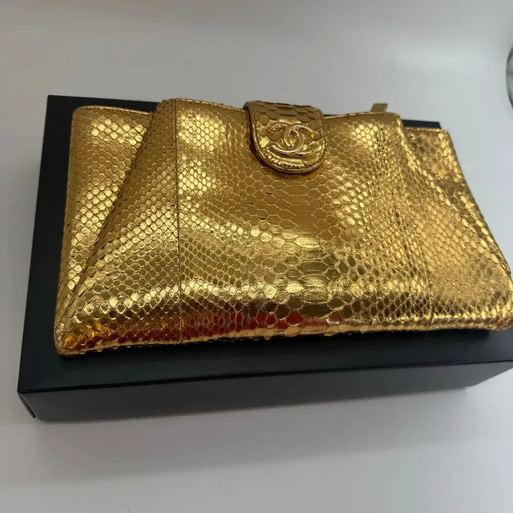 Chanel‎ Gold Metallic Python Clutch Series 19 2014 Full Set Glam